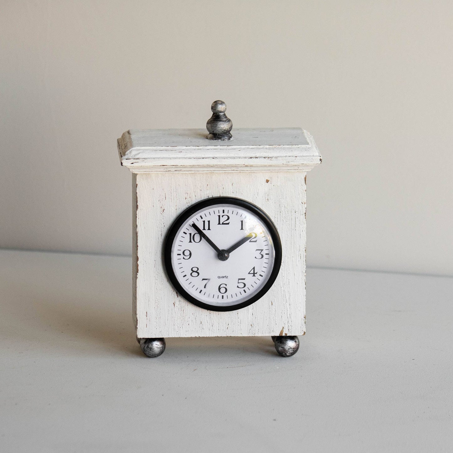 Ramona Square White Wood Tabletop Clock with Silver Accents