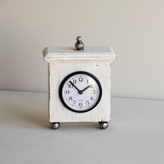 Ramona Square White Wood Tabletop Clock with Silver Accents