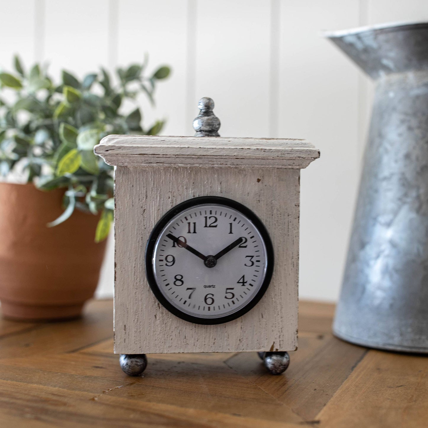 Ramona Square White Wood Tabletop Clock with Silver Accents