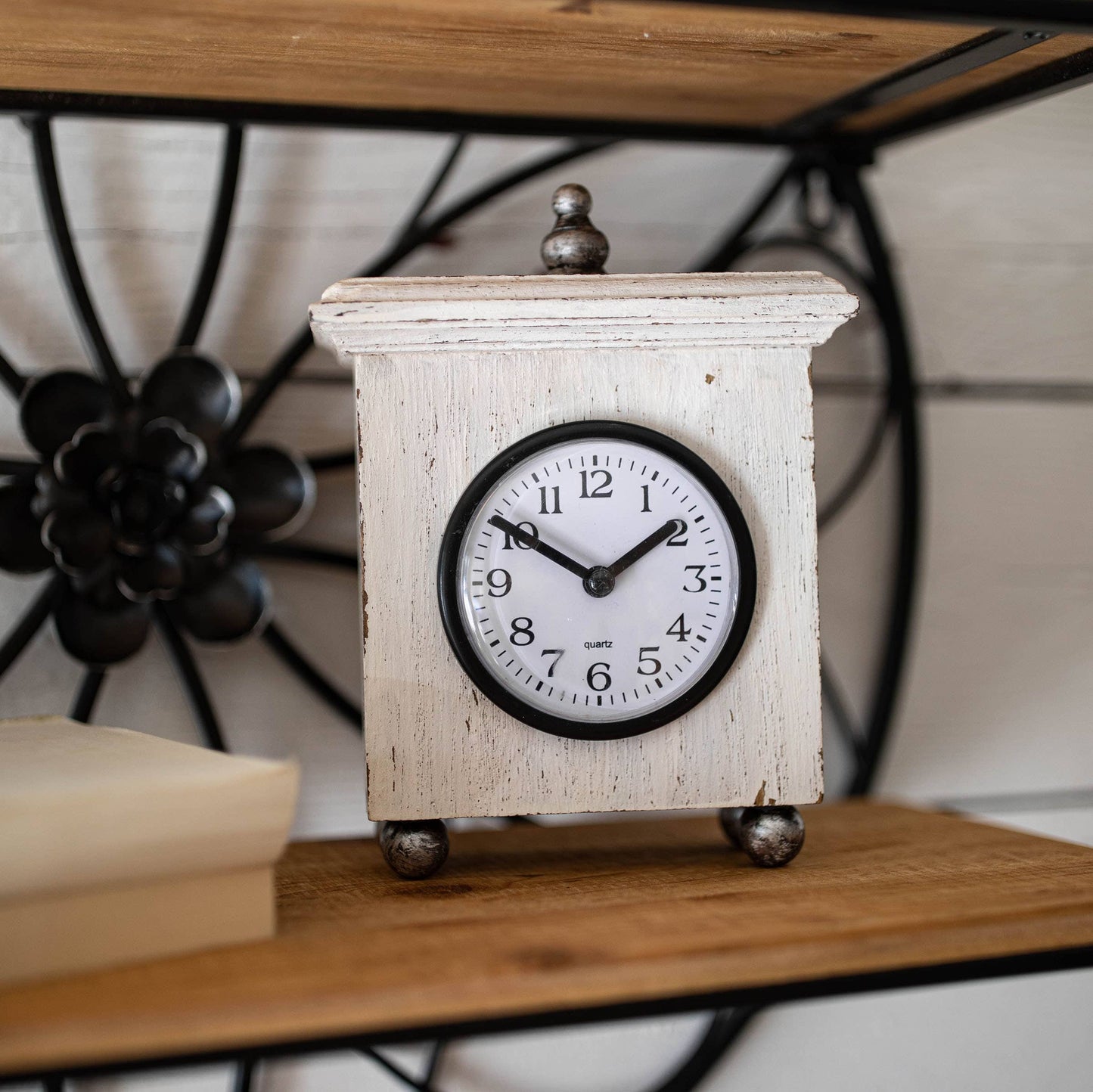 Ramona Square White Wood Tabletop Clock with Silver Accents