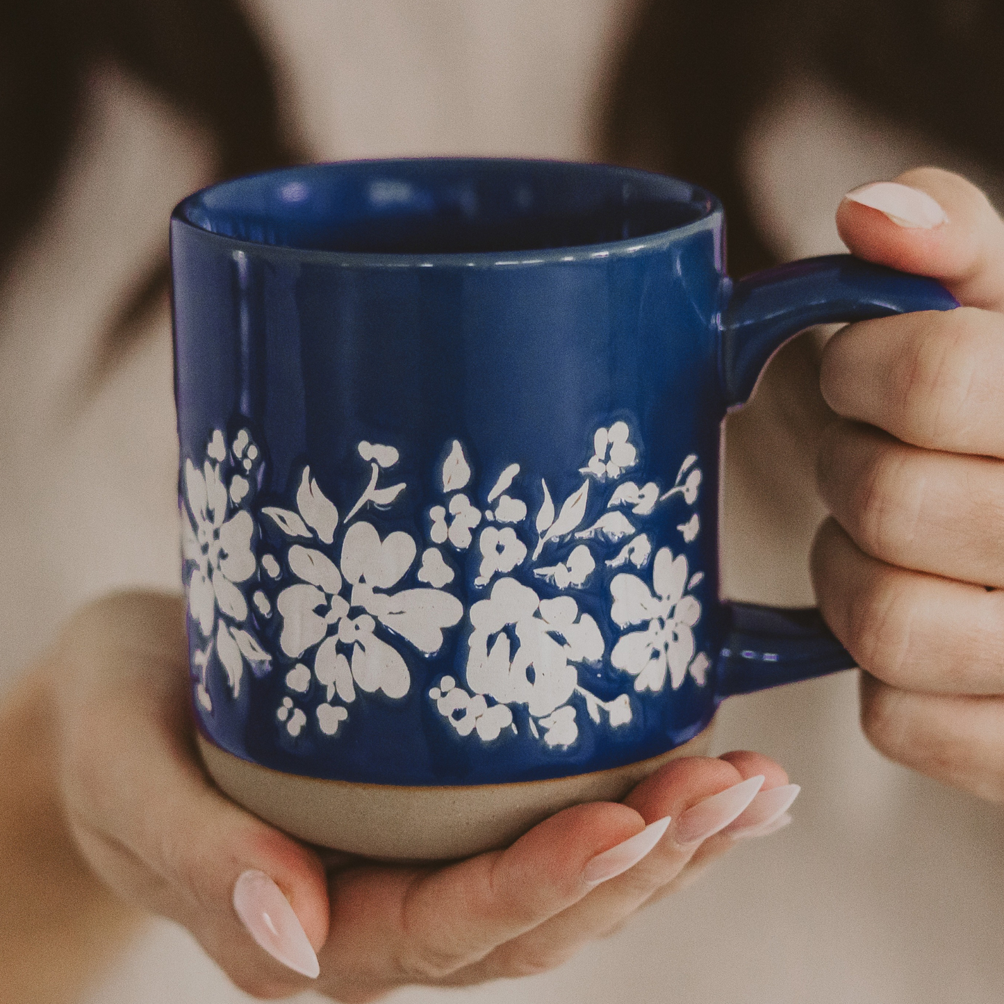 Blue Floral Stoneware Coffee Mug - Summer Home Decor