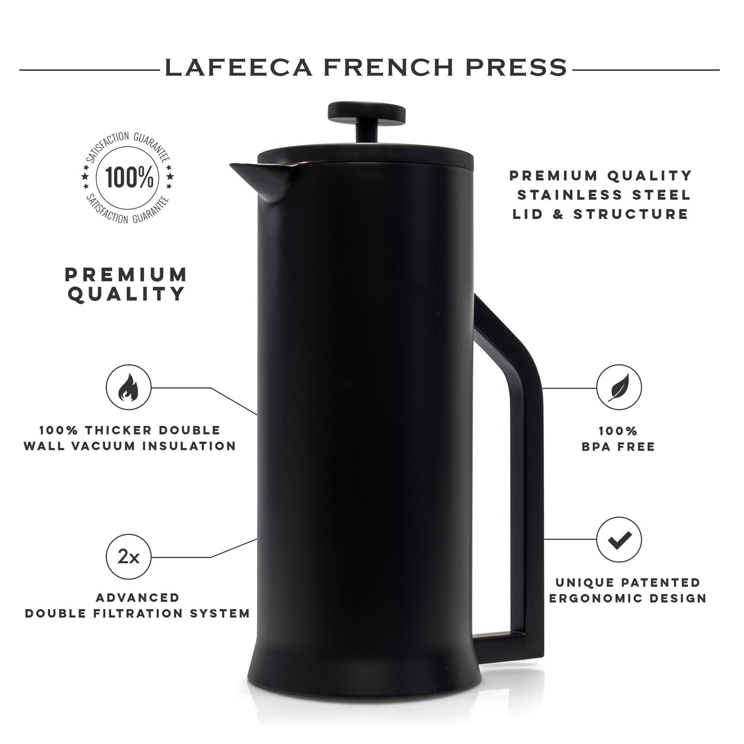French Press Coffee Maker Double Wall Stainless Steel 1L: Black